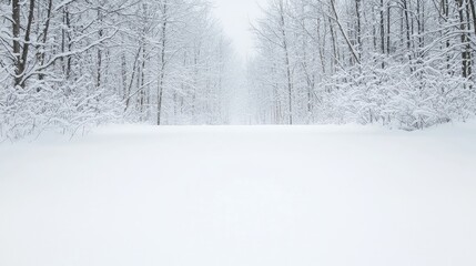 Naklejka premium Serene winter forest path snow covered trees and peaceful winter wonderland scene