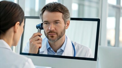 Fototapeta premium Healthcare Technology Medical Devices Innovation concept, Telemedicine consultation with a doctor and patient via video call.