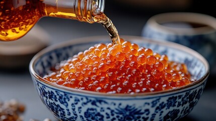 Red caviar being poured into a bowl