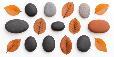 Smooth Stones and Autumn Leaves Arranged in a Pattern