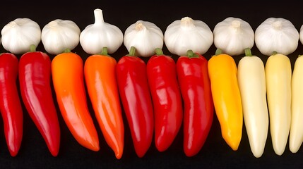 Colorful chili peppers and garlic in a row.