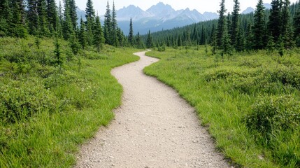 Fototapeta premium Winding trail through a lush alpine meadow, leading to a mountain range