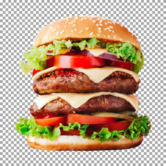 Mouthwatering Cheeseburger with Fresh Ingredients and Sesame Seed Bun on transparent background, png, psd
