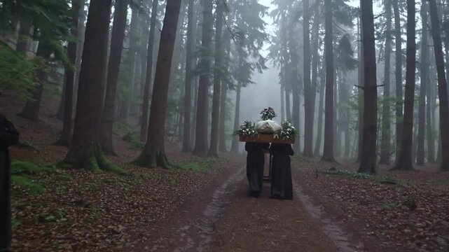 medieval funeral procession through forest
