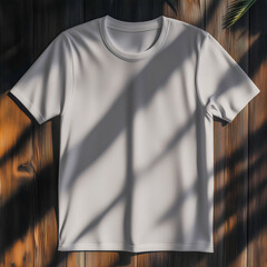 Blank white t-shirt template on a wooden surface. Top view
