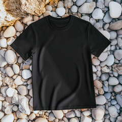 Blank black t-shirt template on sea pebble background. Top view.