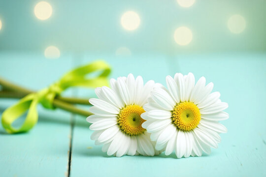 Two white daisies on a green ribbon on a wooden surface