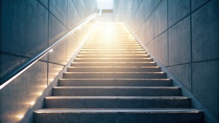A glowing staircase leads upward, illuminated by warm light, creating a sense of ascension and depth in a modern architectural space.
