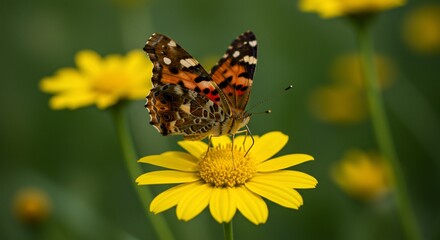 Fototapeta premium Butterfly resting on a vibrant yellow flower in a field of green.
