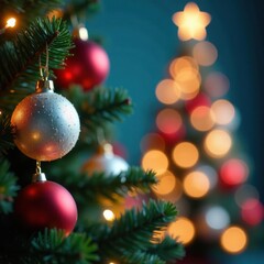 Obraz premium Sparkling Christmas tree with glass ornaments and blurred lights, , festive atmosphere