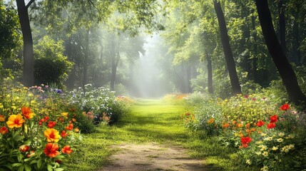 A beautiful natural park with vibrant flowers, tall trees, and a soft breeze blowing through, offering open space for creative designs or text in the center