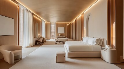 A contemporary bedroom with a low-profile bed, minimalist artwork, and soft lighting, creating ample space for overlay text or design elements