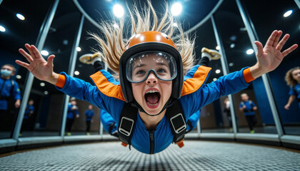 Young girl crying of excitement flying in an indoor skydiving facility  