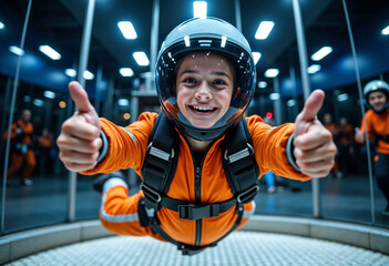 Joyful child enjoying indoor skydiving in a flight simulator Aerotube  