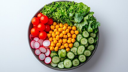 Vibrant veggie bowl with chickpeas, tomatoes, cucumbers, radishes & lettuce