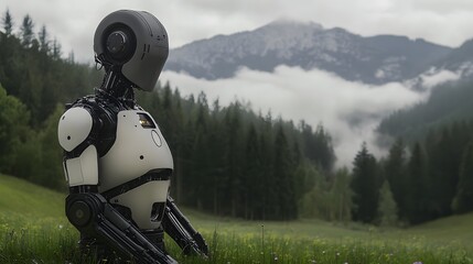 A humanoid robot pausing to watch mountain mist roll over a forest