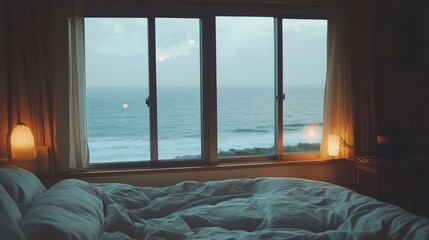 Fototapeta premium A minimalist bedroom with a large window showcasing the ocean, soft lighting, and simple decor, offering plenty of room for creative text or graphic elements