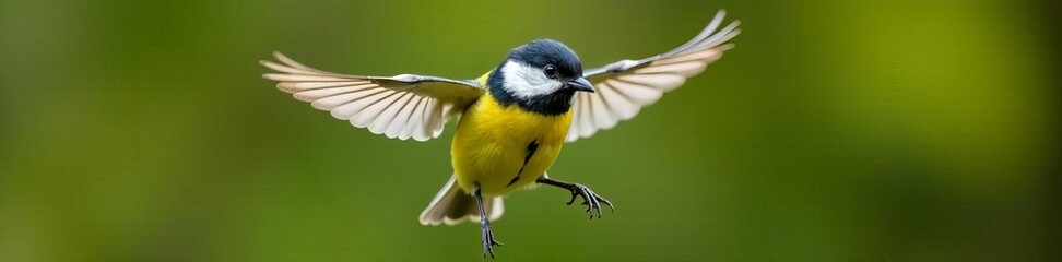 Obraz premium Close-up of great tit bird in mid-air, wings spread, animal, feathers