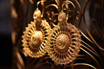 Fototapeta premium A close-up of intricate gold filigree earrings on velvet 