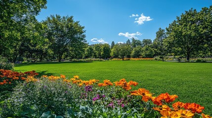 Obraz premium A park scene with colorful flowers in bloom, surrounded by green lawns and trees, with plenty of space in the center for text or design elements