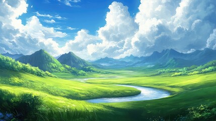 Obraz premium A peaceful countryside view with green fields, a winding river, and rolling hills in the distance, providing ample copy space for overlay text or design