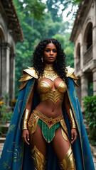 A woman wearing a gold-colored battle armor.