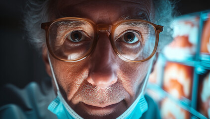 Close-up portrait of a senior Caucasian male doctor, wearing glasses and a surgical mask, intensely focused on medical images.