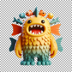 3D model of a majestic monster designed for kids, Colorful Monster with Fish Friends - Cute and Playful Design on transparent background, png, psd
