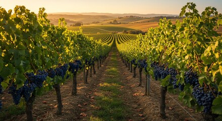 Naklejka premium Sunlit Vineyard: Rows of grapevines stretch across a serene landscape.