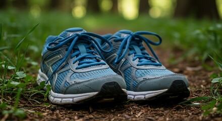 Blue running shoes sit on a forest path, awaiting the next adventure