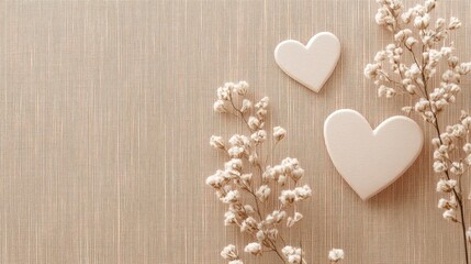 Background with delicate dried flowers and paper heart cutouts on beige fabric, soft love aesthetic with copy space