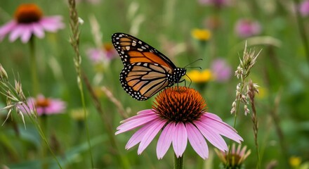Obraz premium Butterfly rests on a purple coneflower in a vibrant green meadow scene.