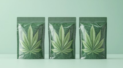 Clear plastic pouches with green cannabis leaf design