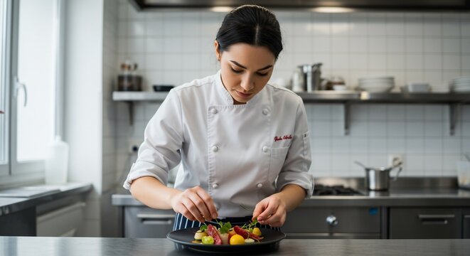 Female chef plating a dish in a commercial kitchen with metal surfaces