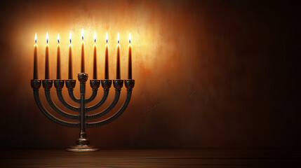 Fototapeta premium A traditional Hanukkah menorah with nine lit candles glowing warmly against a dark background, symbolizing the Jewish Festival of Lights.