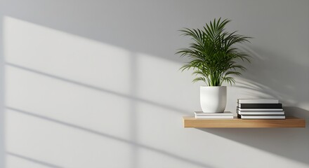 Minimalist Home Decor: Books, Plant, and Sunlight on a Shelf