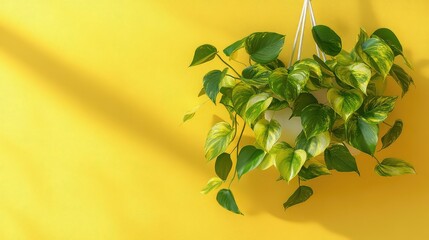 Obraz premium Golden pothos in modern hanging pot with soft shadows on blank pastel wall, clean area for branding or message