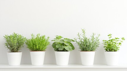 Fototapeta premium Indoor oxygen-boosting plants in white pots lined up on ledge with clean copy space above