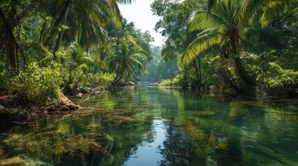 Fototapeta premium Tranquil river winding through tropical forest with lush green foliage scenic reflection natural light