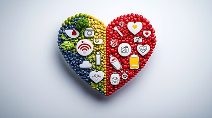 Heart symbol filled with healthy foods and lifestyle icons on a neutral background