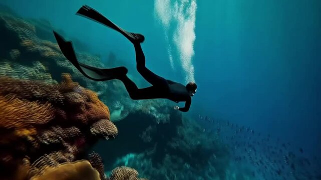 The diver gracefully descended into the ocean depths, exploring vibrant corals and hidden marine wonders.