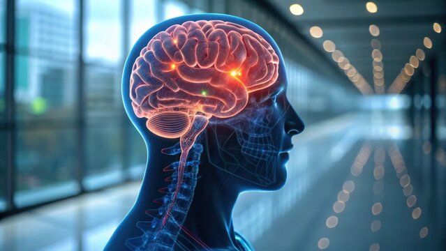 Mental Health Wellness Technology concept A futuristic depiction of a human head with a glowing brain and neural pathways. - Powered by Adobe