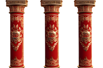 Isolated Pillars In Red And Gold With Ornate Designs Against Transparent Background