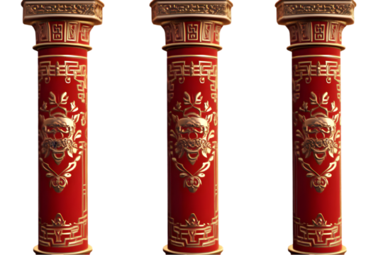 Isolated Pillars In Red And Gold With Ornate Designs Against Transparent Background - Powered by Adobe