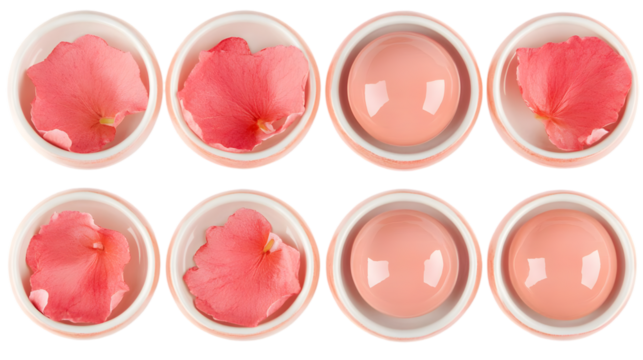 Isolated Pink Rose Petals and Liquid in White Bowls on Black Background