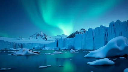 Fleecedeken met foto serene Arctic landscape with icy blue glaciers and a faint northern lights glow, crisp and cool desktop wallpaper © Bima