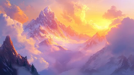 Soft sunlight filtering through the clouds, casting a warm glow over a mountain range, leaving central space for text or graphic design