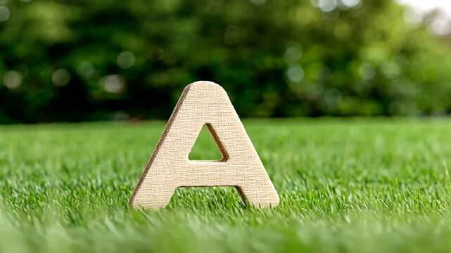 Wooden letter A on grass, nature background, alphabet, education