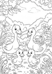 Naklejka premium Adorable Ducklings and Mother Duck in Line Art Illustration