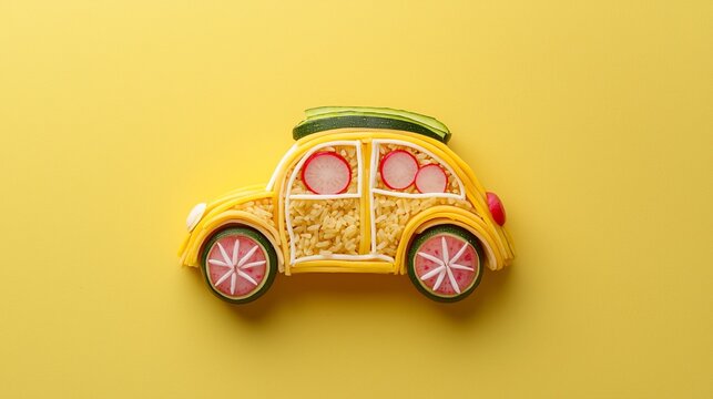 Fun pasta car crafted with veggies on yellow